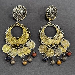 Vintage Damascene Gold and Silver chandelier Dangle Earrings